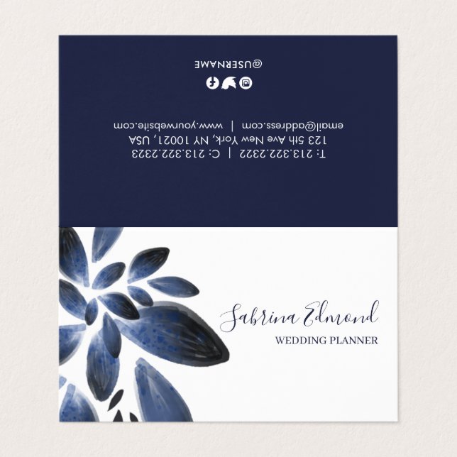 Elegante Navy Blue Succulent Foliage Signature Visitenkarten (Außenseite Aufgefaltet)