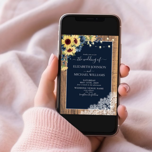 Elegante Navy Blue Sunflower Wood Lace Wedding Einladung (Von Creator hochgeladen)
