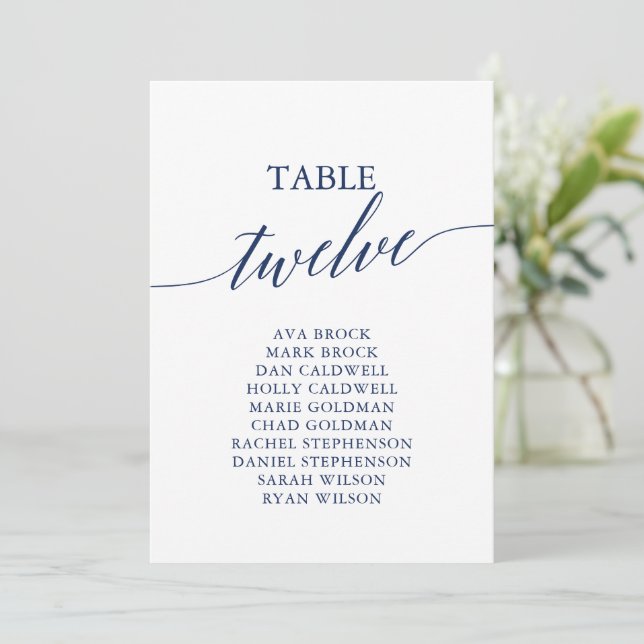 Elegante Navy Blue Tischnummer 12 Seating Chart (Stehend Vorderseite)