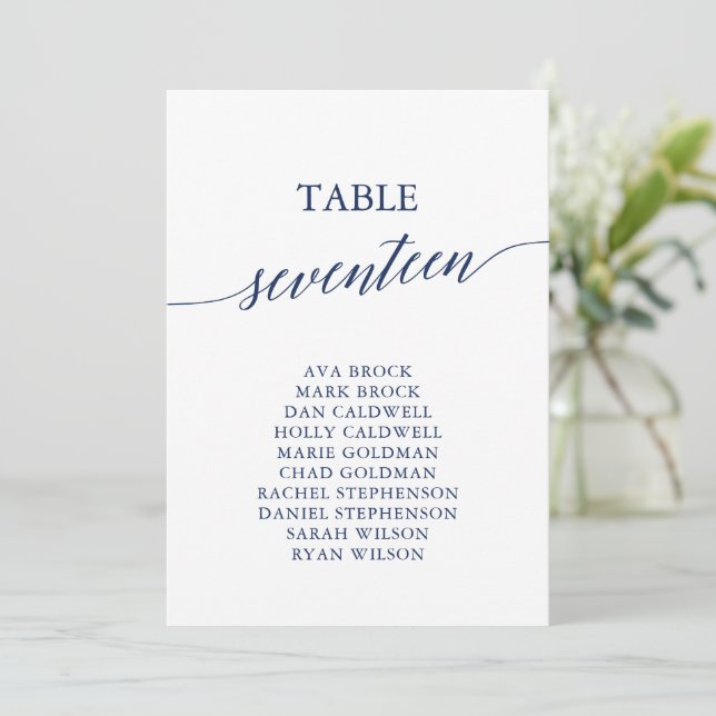 Elegante Navy Blue Tischnummer 17 Seating Chart (Stehend Vorderseite)
