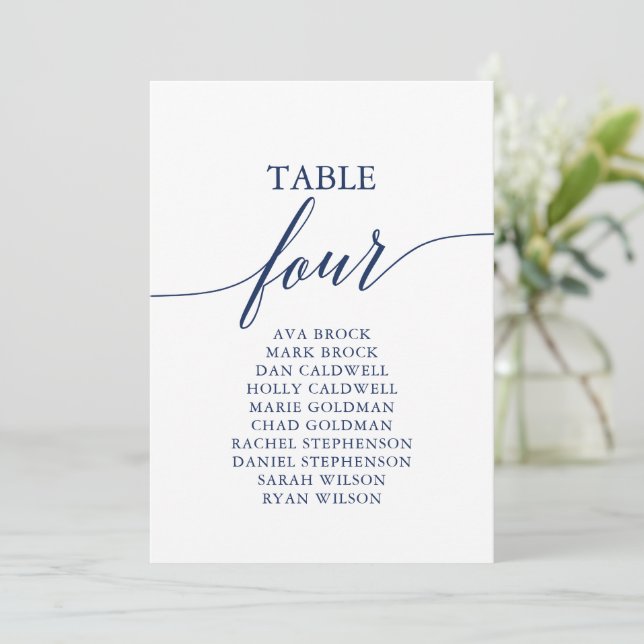 Elegante Navy Blue Tischnummer 4 Seating Chart (Stehend Vorderseite)