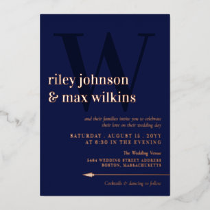 Elegante Navy Blue Typografy Arrow Rose Gold Folieneinladung