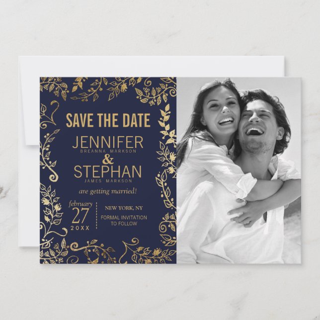Elegante Navy Blue und Gold Floral Save the Dates Date (Vorderseite)