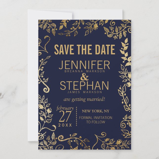 Elegante Navy Blue und Gold Floral Save the Dates Einladung (Vorderseite)