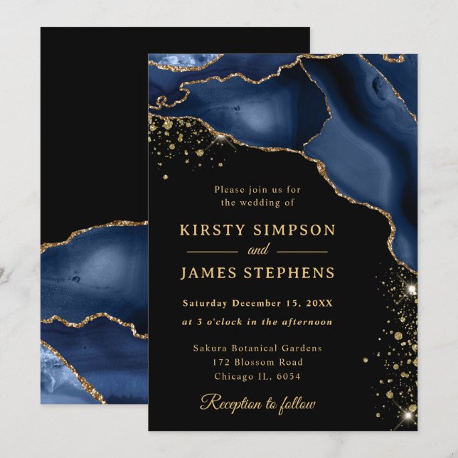Elegante Navy Blue und Gold Glitzer Agate Wedding Einladung (Vorne/Hinten)