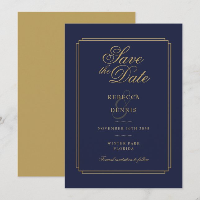 Elegante Navy Blue und Gold Script Art Deco Hochze Save The Date (Vorne/Hinten)