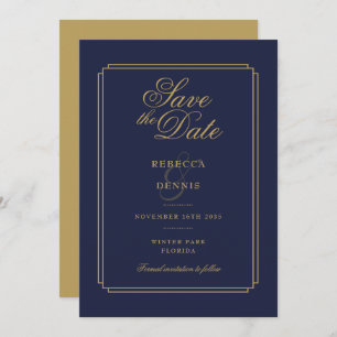 Elegante Navy Blue und Gold Script Art Deco Hochze Save The Date