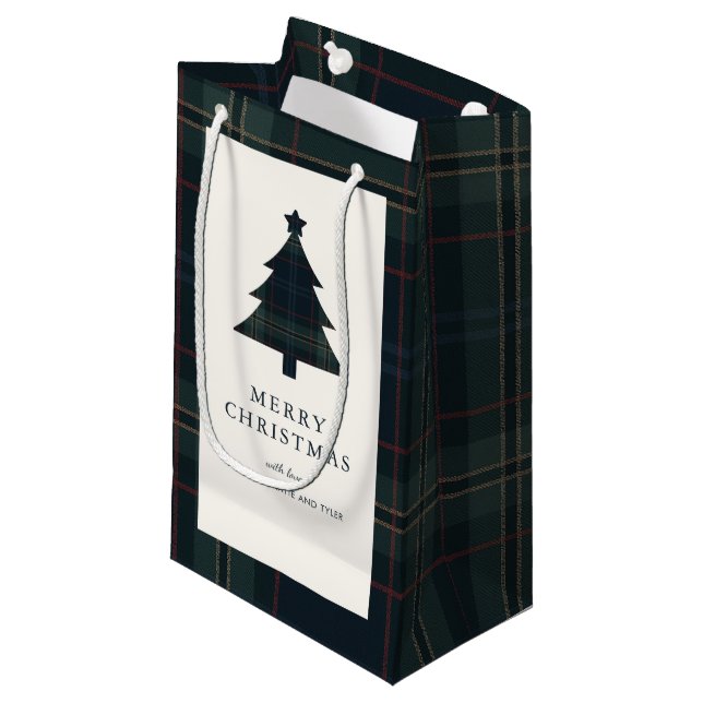 Elegante Navy Blue und Green Karierte Weihnachten Kleine Geschenktüte (Vorderseite Schrägansicht)