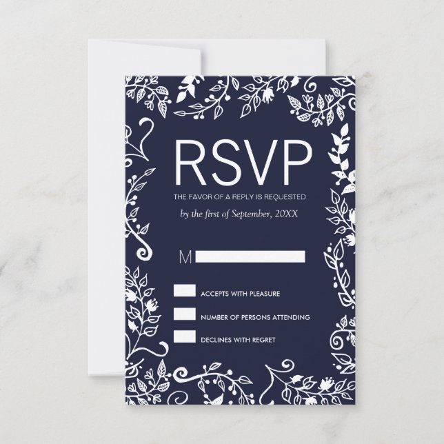 Elegante Navy Blue und White Floral RSVP Cards (Vorderseite)