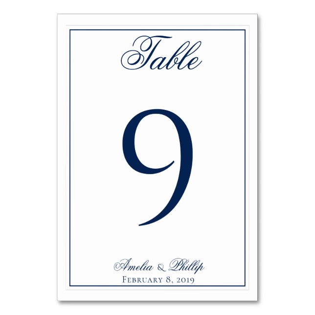 Elegante Navy Blue und White Wedding Tischnummern (Vorderseite)