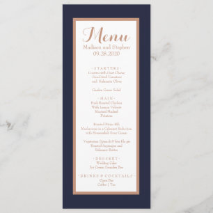 Elegante Navy Blue, White and Imitats Rose Gold We Menükarte