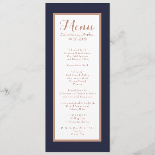Elegante Navy Blue, White and Imitats Rose Gold We Menükarte (Vorderseite)