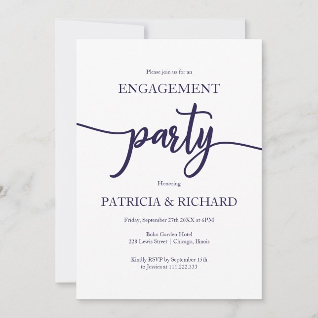 Elegante Navy Blue White Engagement Party Einladung (Vorderseite)