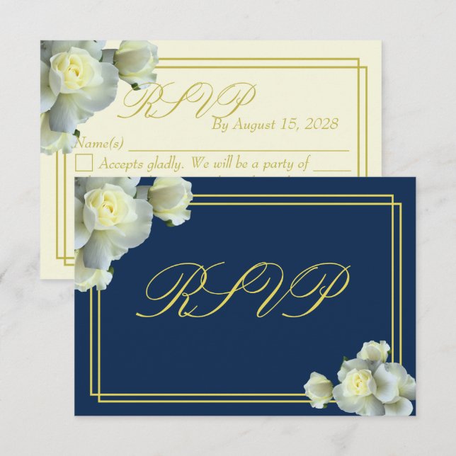Elegante Navy Blue White Roses Minimal RSVP Karte (Vorne/Hinten)