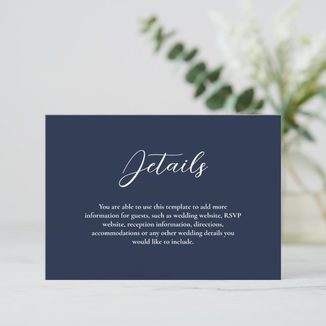 Elegante Navy Blue & White Simple Wedding Begleitkarte (Stehend Vorderseite)