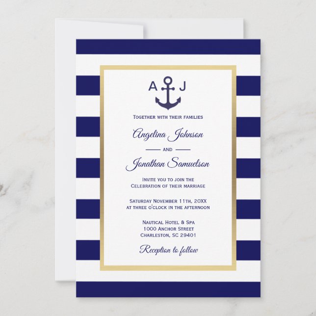 Elegante Navy Blue White Stripes Nautical Wedding Einladung (Vorderseite)