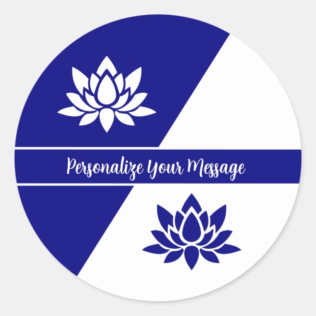 Elegante Navy Blue White Zen Yoga Lotus Blume Runder Aufkleber (Vorderseite)