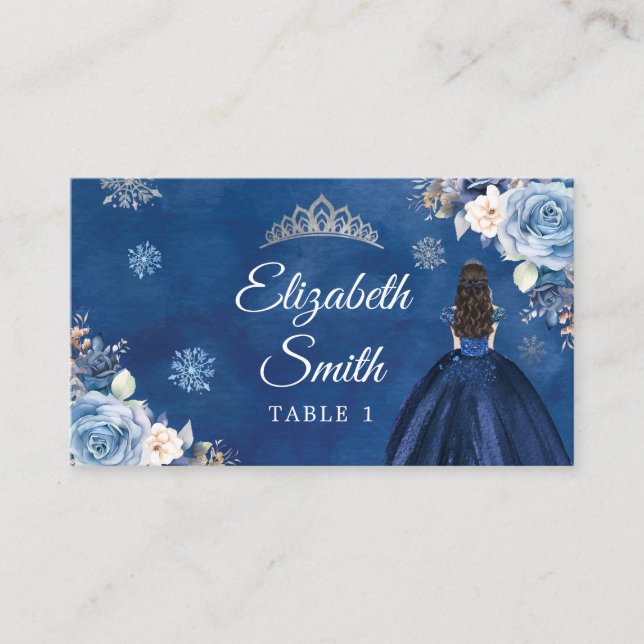 Elegante Navy Blue Winter Snowflake Mis Quince Platzkarte (Vorderseite)