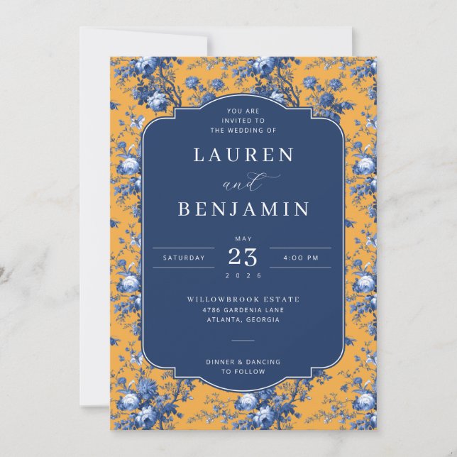 Elegante Navy-Blumen-Hochzeitseinladung Einladung (Vorderseite)