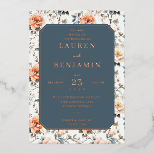 Elegante Navy Blumen-Hochzeitseinladung Folieneinladung