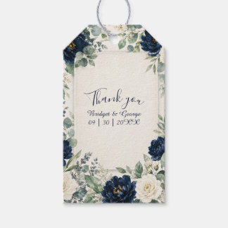 Elegante Navy-Blumen-Rosen-Rahmen-Hochzeit Geschenkanhänger
