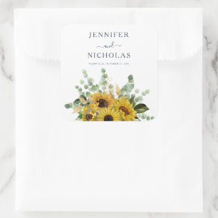 Elegante Navy Blumen Sonnenblumen Hochzeit Quadratischer Aufkleber