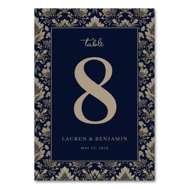 Elegante Navy-Blumen-Tischnummer Tischnummer (Vorderseite)