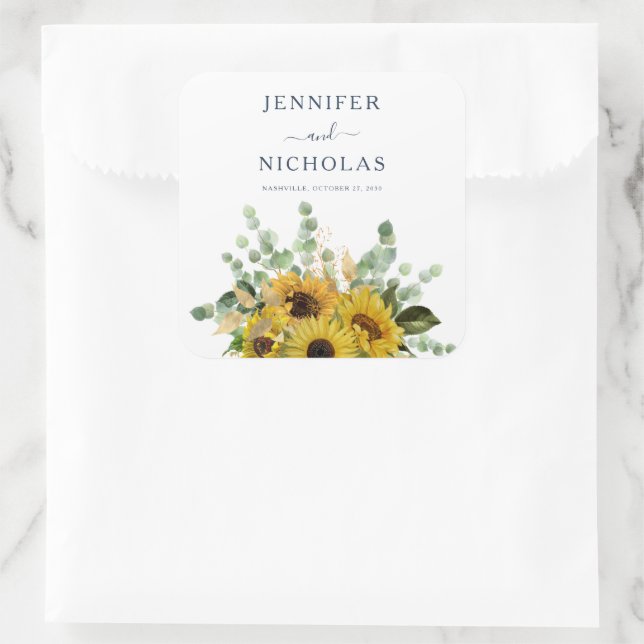 Elegante Navy Blumenblumen Hochzeit Quadratischer Aufkleber (Tasche)