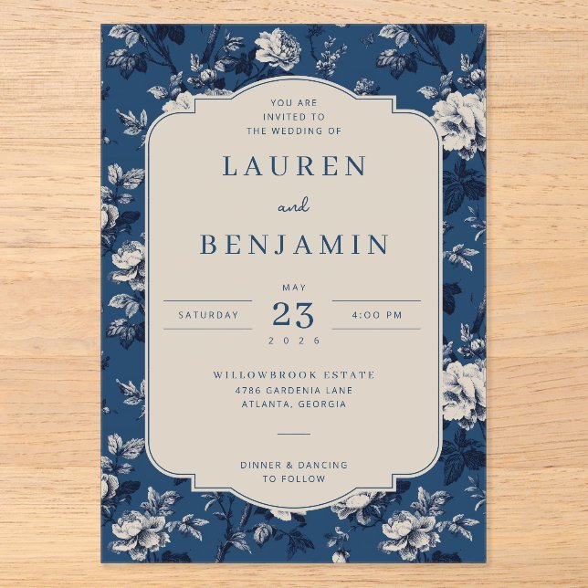 Elegante Navy Blumenmuster Acryleinladungen (Vorderseite)