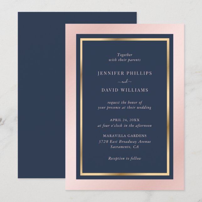 Elegante Navy Blush and Gold Wedding Einladung (Vorne/Hinten)