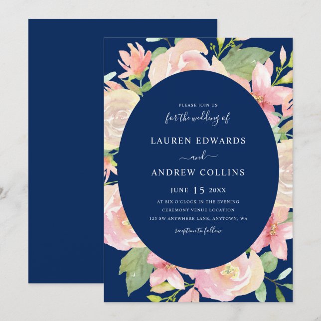 Elegante Navy Blush Bloral Frame Wedding Einladung (Vorne/Hinten)