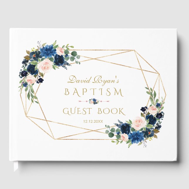 Elegante Navy Blush Blume Gold Boy Taufe Gästebuch (Vorderseite)