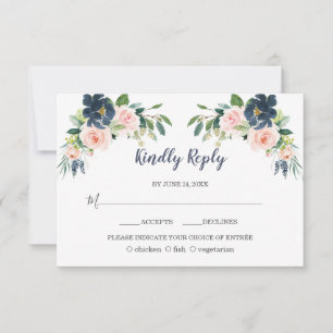 Elegante Navy Blush Blume Hochzeit RSVP Karte