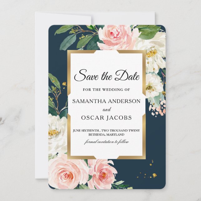 Elegante Navy & Blush Pink Floral Save The Date (Vorderseite)