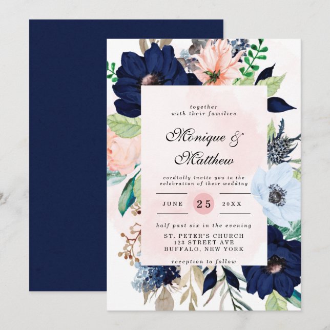 Elegante Navy Blush Pink Florals Hochzeit Einladun Einladung (Vorne/Hinten)