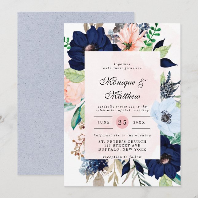 Elegante Navy Blush Pink Florals Hochzeit Einladung (Vorne/Hinten)