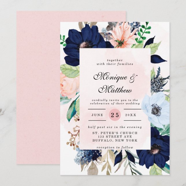 Elegante Navy Blush Pink Florals Hochzeit Einladung (Vorne/Hinten)