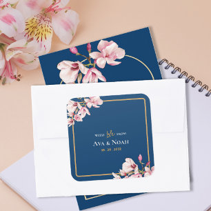 Elegante Navy-Blush-Pink-Magnolie-Floralhochzeit Quadratischer Aufkleber