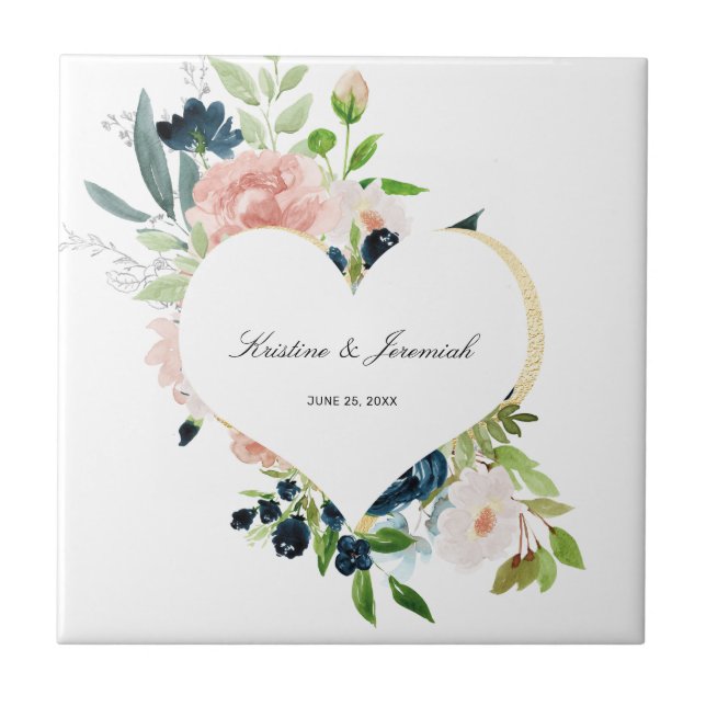Elegante Navy Blush Rose Blumenzwiebelherz Hochzei Fliese (Vorderseite)