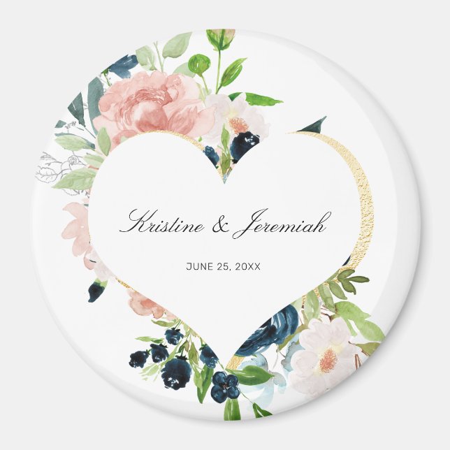 Elegante Navy Blush Rose Blumenzwiebelherz Hochzei Magnet (Vorne)