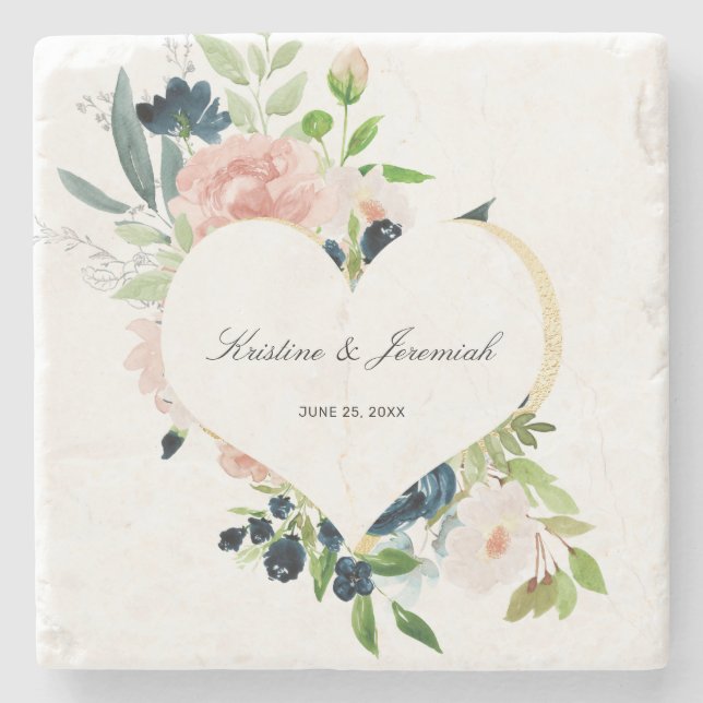 Elegante Navy Blush Rose Blumenzwiebelherz Hochzei Steinuntersetzer (Vorderseite)