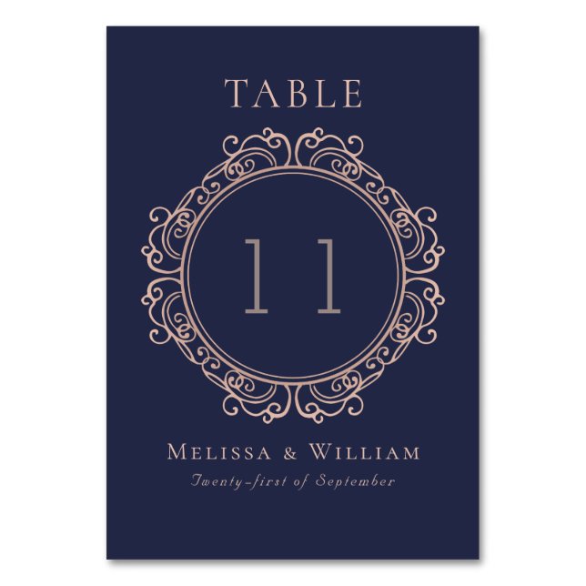 Elegante Navy Blush Wedding Tischnummer (Vorderseite)