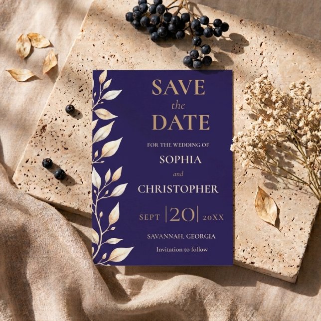 Elegante Navy-Botanik-Rand-Hochzeit Save The Date (Von Creator hochgeladen)
