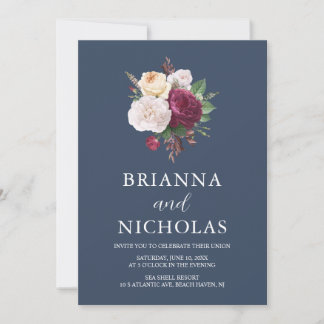 Elegante Navy Burgundy Floral All in One Wedding Einladung