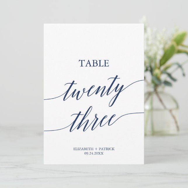 Elegante Navy Calligrafy Table 23 Tischnummer (Stehend Vorderseite)