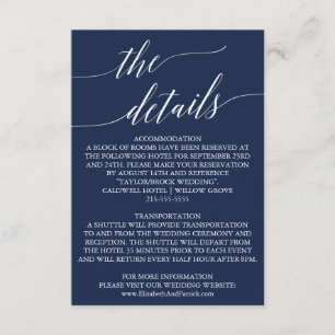 Elegante Navy Calligraphy Wedding Details Card Begleitkarte