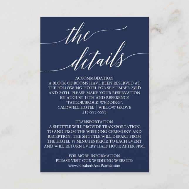 Elegante Navy Calligraphy Wedding Details Card Begleitkarte (Vorderseite)