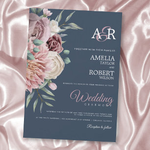 Elegante Navy Dusty Rose Wasserfarben Einladung