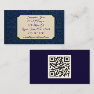 Elegante Navy Filigree QR Code Business Card Visitenkarte