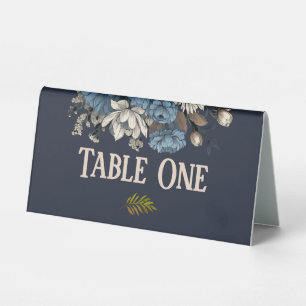 Elegante Navy Floral Wedding Tischnummer Tischaufsteller